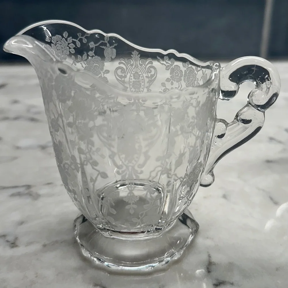 Vintage Cambridge Diane Clear Etched Pressed‎ Glass Sugar Bowl Creamer Set